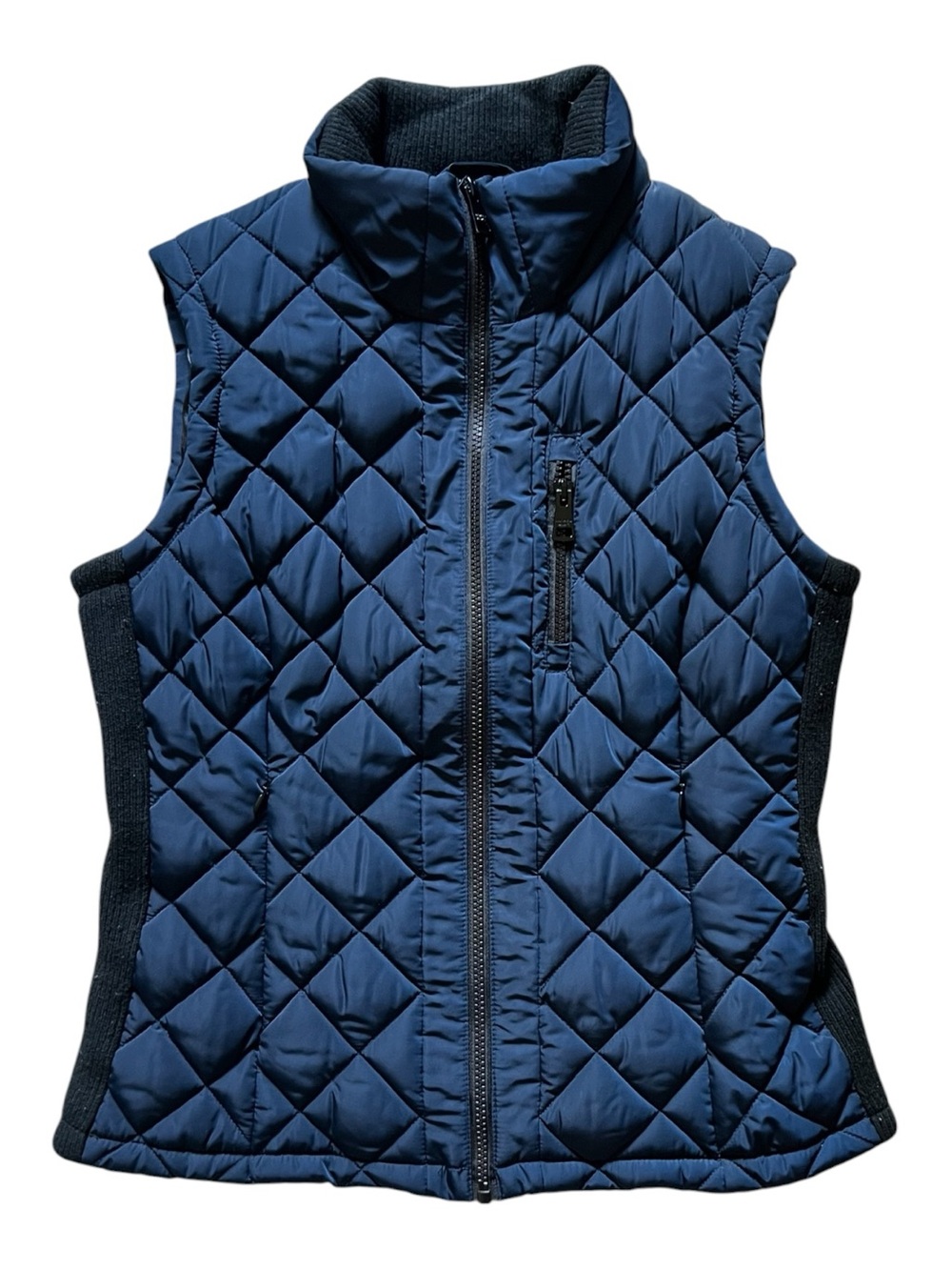 Andrew Marc Womens Quilted Vest Navy Blue Puffer Ribbed Sides Zip Pockets Size S